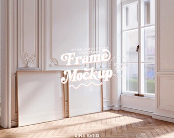 frame mockup square duo with glass side view, minimalistic interior mockup in white room, design gallery frame mockup for two prints bundle