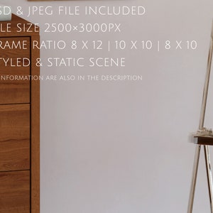 May include: A wooden dresser with three drawers, a white wall, and a clear acrylic easel with a wooden base. The text on the wall reads "*STUDIO STYKKE* PSD & JPEG FILE INCLUDED * FILE SIZE 2500&times;3000PX * FRAME RATIO 8 X 12 | 10 X 10 | 8 X 10 * STYLED & STATIC SCENE * ALL INFORMATION ARE ALSO IN THE DESCRIPTION"