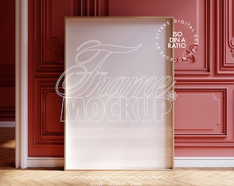 frame mockup vertical rusty red, poster mockup DIN A ratio, mockup vintage color wall villa festive burgundy red wall mockup tall print