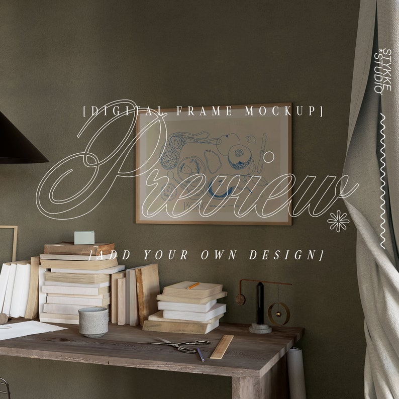 May include: A digital frame mockup featuring a framed illustration of fruit and the text "Preview" in a decorative font. The frame is on a wooden desk with books, a small vase, and a decorative metal mobile.