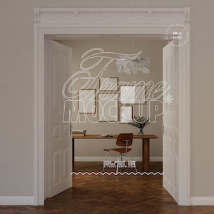 frame mockup gallery wall 5 frames wooden vintage minimalist interior ISO DIN poster apartment scenery for print shop branding presentation