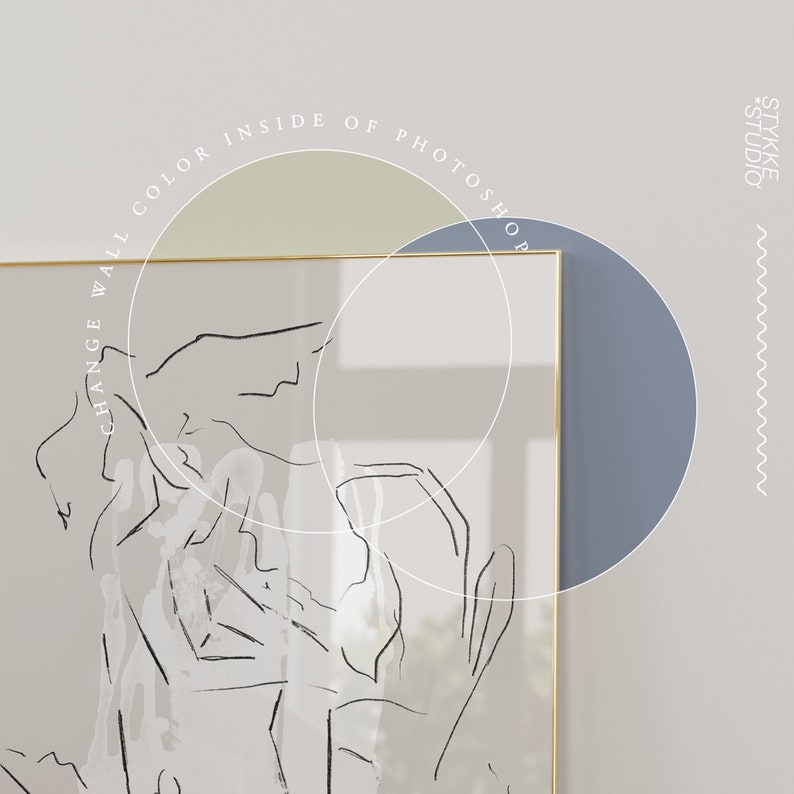 May include: A framed black and white line art print of a person's body with a light green and blue circle overlay. The frame is gold and the background is white.