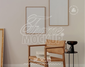 May include: A mockup scene featuring two empty picture frames with wooden frames, a wicker chair, a small side table with a black lamp, and the text "Frame Mockup" in white.