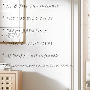 Puede incluir: Una escena est&aacute;tica y estilizada con un fondo blanco y una cuadr&iacute;cula enmarcada. El texto incluye "PSD & JPEG FILE INCLUDED", "FILE SIZE 3360 x 840 px" y "FRAME RATIO DIN A". El logotipo de STYKKE STUDIO es visible.