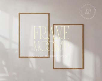 two 2:3 frame mockup, vertical mockup frame duo, minimalist wooden frame mockup, shadow overlay, wood frame mockup