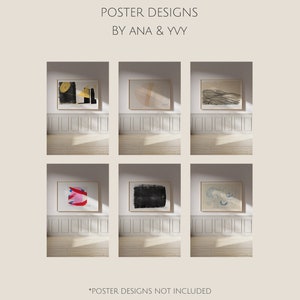May include: Six different abstract art prints displayed in white frames on a white wall with wood paneling. The prints are in a variety of colours and styles, including black, white, gold, blue, red, and pink.