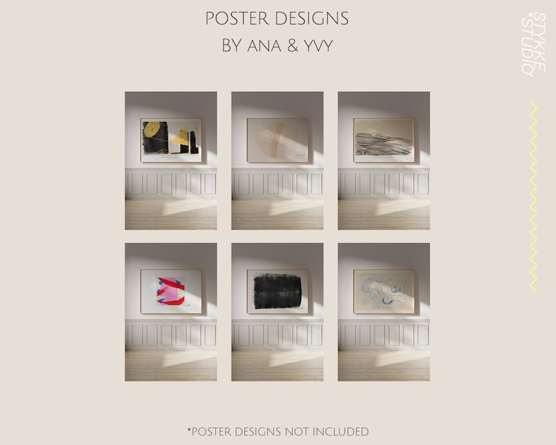 May include: Six different abstract art prints displayed in white frames on a white wall with wood paneling. The prints are in a variety of colours and styles, including black, white, gold, blue, red, and pink.