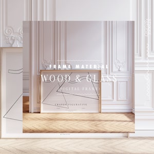 May include: A digital art print with a geometric design in black and white, framed in a gold wood and glass frame. The frame is sitting on a wooden floor in a room with white walls and ornate moldings. The text "FRAME MATERIAL WOOD & GLASS" is above the print, and the text "DIGITAL FRAME" is below the print. The text "CRAYON FIGURATIVE" is below the frame.