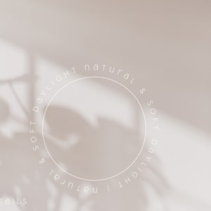 Peut inclure: Un fond blanc avec l'ombre d'une plante et un cercle avec le texte "& SOFT DAYLIGHT & NATURAL" autour. Le texte "DETAILS" est en bas &agrave; gauche de l'image. Le texte "STYKKE STUDIO" est en haut &agrave; droite de l'image.