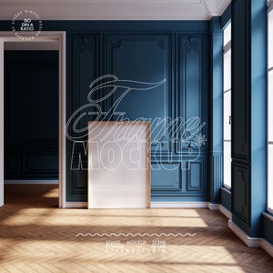 Maqueta de marco de póster vertical, maqueta de marco de póster, relación DIN A, maqueta de pared azul oscuro vintage, maqueta de pared clásica de villa, impresión alta