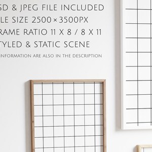 May include: A white wall with two wooden frames, each containing a black grid pattern. The frames are different sizes. The text "* PSD & JPEG FILE INCLUDED * FILE SIZE 2500 &times; 3500PX * FRAME RATIO 11 X 8 / 8 X 11 * STYLED & STATIC SCENE * ALL INFORMATION ARE ALSO IN THE DESCRIPTION" is written in black on the wall.
