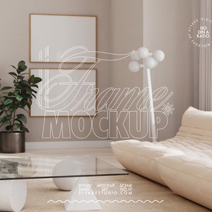 Two frame mockup, wooden horizontal frames mockup duo, digital canvas for poster prints, frame duo modern interior glass reflection mockup