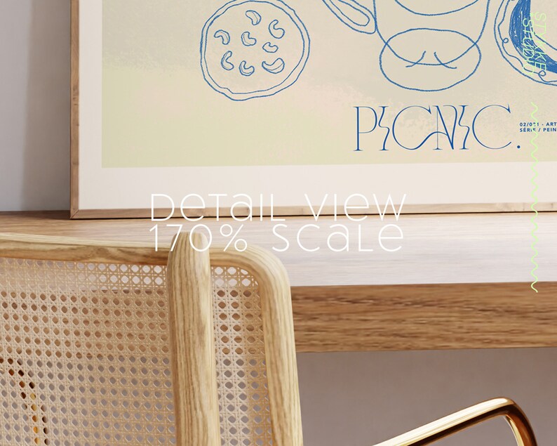 Puede incluir: Una impresi&oacute;n enmarcada con un fondo azul claro y un dibujo de l&iacute;nea azul de una cesta de picnic, una taza, un plato de comida y la palabra "PICNIC". El texto "Detail View 170% Scale" est&aacute; debajo de la imagen.