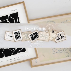 May include: A styled mockup scene featuring six framed prints with black and white abstract art. The frames are made of natural wood and are arranged on a white surface. The text "SHOP BANNER" is displayed above the frames.