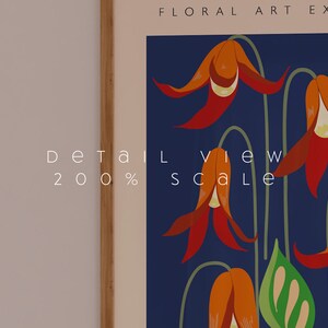 Puede incluir: Un estampado art&iacute;stico floral enmarcado con un fondo azul oscuro. El estampado presenta flores estilizadas de color naranja y rojo con hojas verdes. El texto en el estampado dice "DETAIL VIEW 200% SCALE" y "FLORAL ART EXHIBIT".