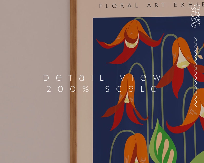 Puede incluir: Un estampado art&iacute;stico floral enmarcado con un fondo azul oscuro. El estampado presenta flores estilizadas de color naranja y rojo con hojas verdes. El texto en el estampado dice "DETAIL VIEW 200% SCALE" y "FLORAL ART EXHIBIT".