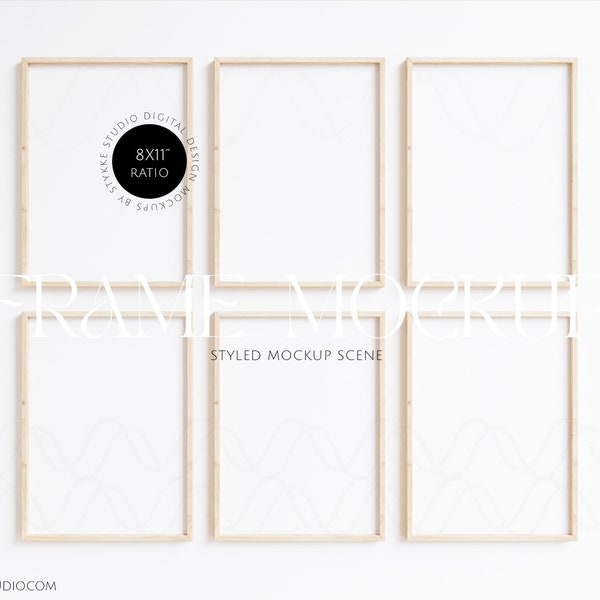 six frame mockup bundle, set of six frame mockups,minimalistic, 6 frames, frame gallery mockup, bright frames, poster mockup light wood