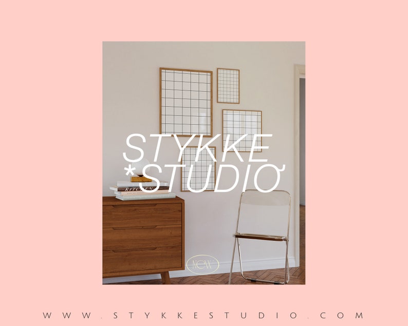 May include: A light wood dresser with three drawers, a white lamp, and a stack of books. There are four framed grid-patterned prints on the wall behind the dresser. The text "STYKKE STUDIO" is written in white on the wall. A white folding chair is in the foreground. The text "WWW.STYKKE STUDIO.COM" is written at the bottom of the image.