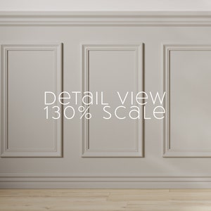 May include: A close-up detail view of a white wall with three rectangular panels, each with a raised frame. The panels are arranged in a horizontal row. The text "DETAIL VIEW 130% SCALE" is centred below the panels.