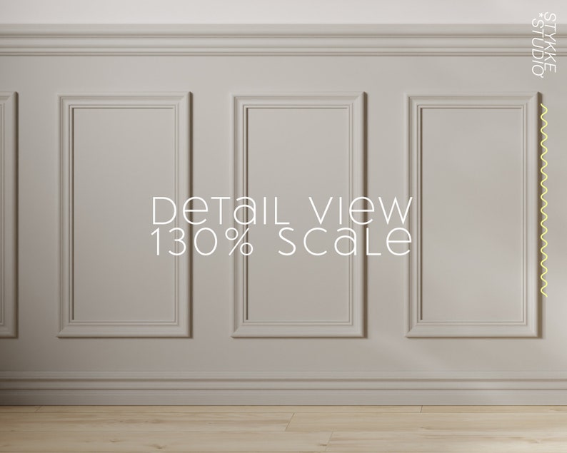 May include: A close-up detail view of a white wall with three rectangular panels, each with a raised frame. The panels are arranged in a horizontal row. The text "DETAIL VIEW 130% SCALE" is centred below the panels.