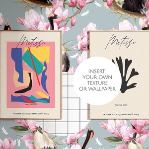 May include: Two framed art prints featuring the name "Matisse" in cursive. One print has colorful abstract shapes on a pink background. The other print displays a black silhouette on a beige background. Both prints have the text "THE CUT-OUTS" and dates.