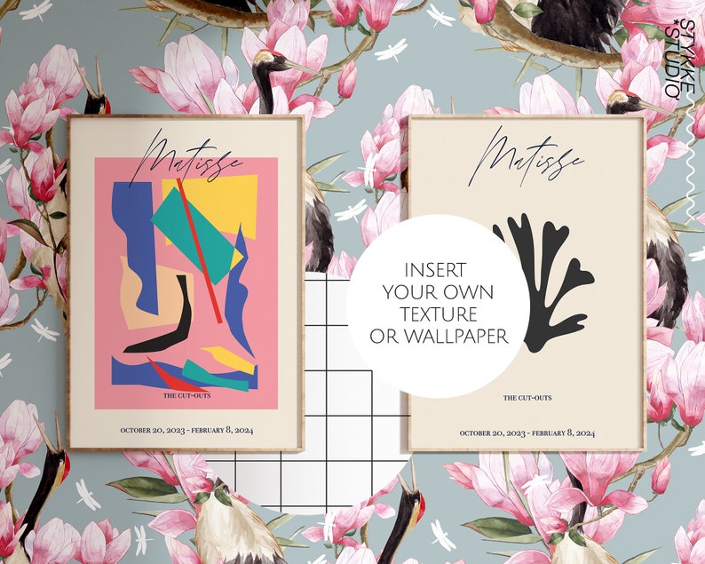 May include: Two framed art prints featuring the name "Matisse" in cursive. One print has colorful abstract shapes on a pink background. The other print displays a black silhouette on a beige background. Both prints have the text "THE CUT-OUTS" and dates.