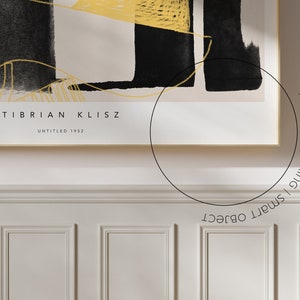 May include: A framed abstract painting with black and yellow brushstrokes. The painting is titled "Untitled 1992" and is by the artist Tibrian Klisz.