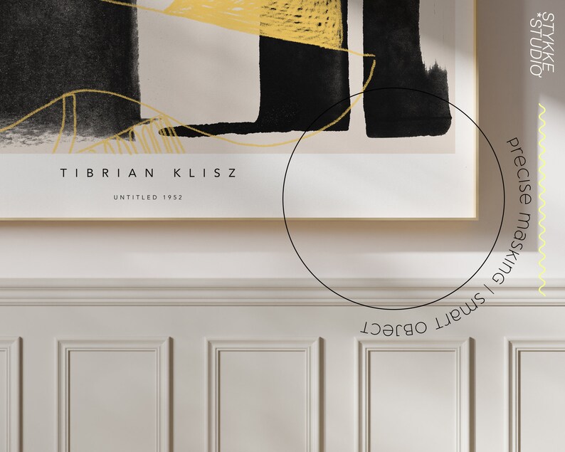 May include: A framed abstract painting with black and yellow brushstrokes. The painting is titled "Untitled 1992" and is by the artist Tibrian Klisz.