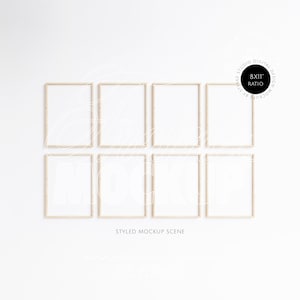 eight frame mockup bundle, set of eight frame mockups, minimalistic 8 frames, frame gallery mockup, bright frames, poster mockup light wood