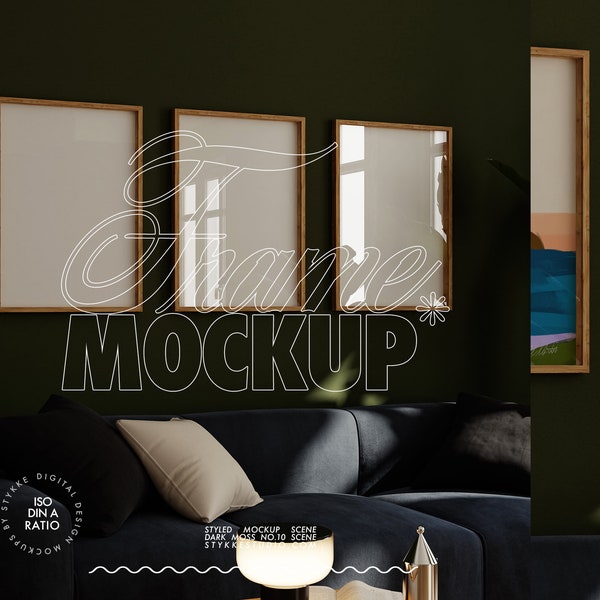 three frames mockup iso DIN A, set of three wooden frames mockup, digital vertical frames in dark green interior villa for series