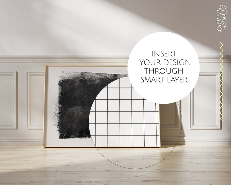 May include: A black and white abstract art print with a grid pattern in a white frame. The text "INSERT YOUR DESIGN THROUGH SMART LAYER" is on a white circle.