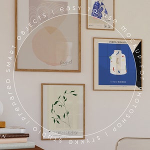 May include: Three framed art prints on a white wall. The prints feature abstract designs in pink, blue, and green. The prints are labeled "Consard", "Tokyo Ceramics", and "Wilder Garten".