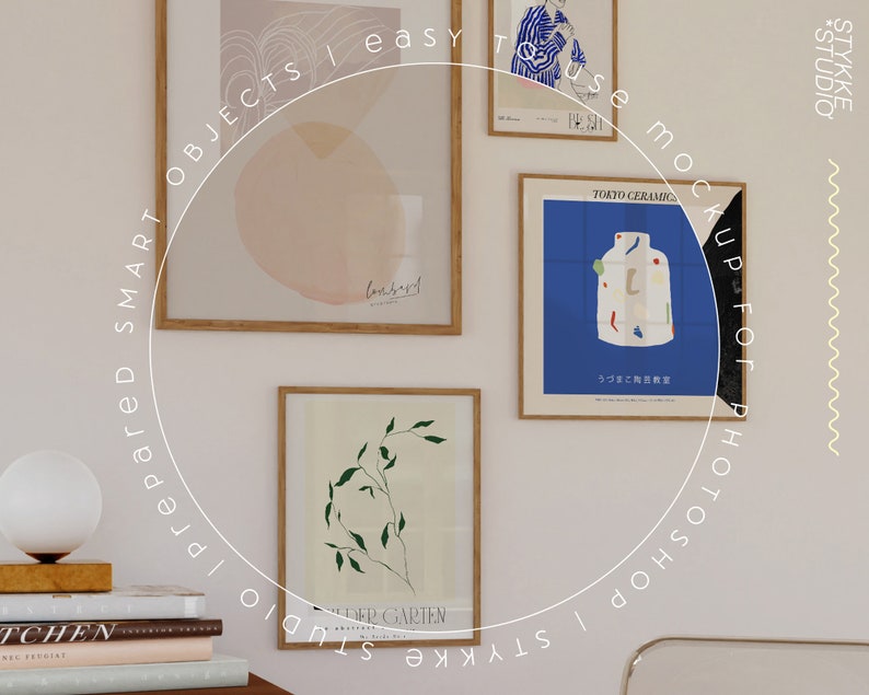 May include: Three framed art prints on a white wall. The prints feature abstract designs in pink, blue, and green. The prints are labeled "Consard", "Tokyo Ceramics", and "Wilder Garten".