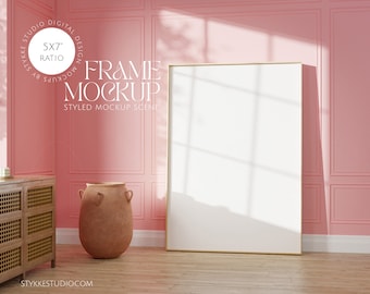 frame mockup, vertical poster frame mockup, 5x7 ratio mockup, 10x14 frame on vintage pink wall, princess villa, classic wall canva
