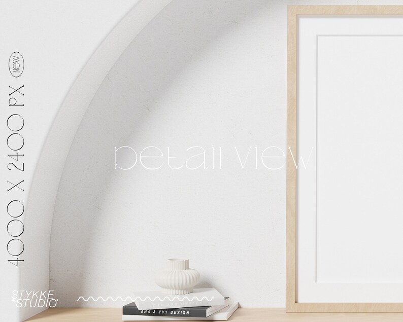 May include: A white ceramic vase with a textured surface sits on a white shelf with a framed picture and a stack of books. The text "detail view" is written in white on a white background.
