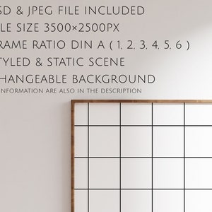 May include: A styled and static scene with a changeable background. The image includes a wooden frame with a grid pattern. Text on the image states: PSD & JPEG file included, file size 3500x2500px, frame ratio DIN A (1, 2, 3, 4, 5, 6).