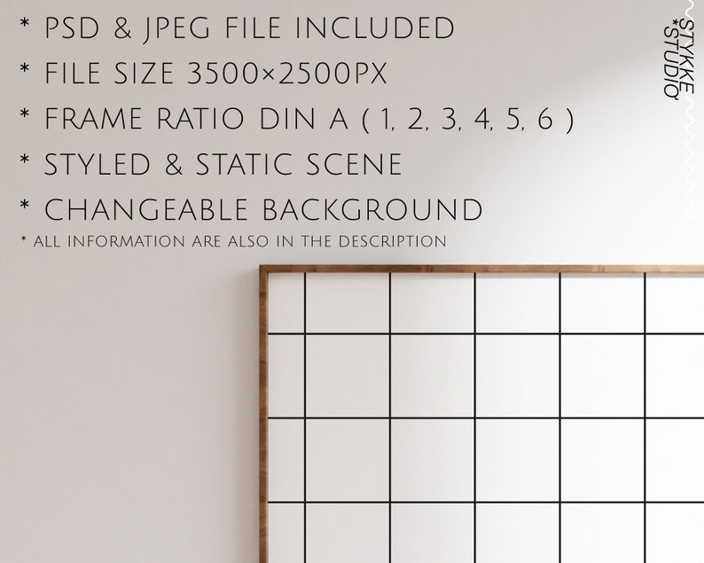 May include: A styled and static scene with a changeable background. The image includes a wooden frame with a grid pattern. Text on the image states: PSD & JPEG file included, file size 3500x2500px, frame ratio DIN A (1, 2, 3, 4, 5, 6).