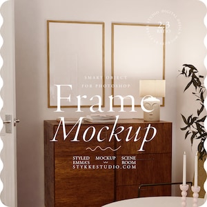 May include: Two gold picture frames with white mounts are hanging on a white wall above a wooden dresser. A lamp with a white shade and a face design sits on the dresser. The text "SMART OBJECT FOR PHOTOSHOP Frame Mockup STYLED MOCKUP SCENE EMMA'S ROOM STYKKESTUDIO.COM" is visible on the image.