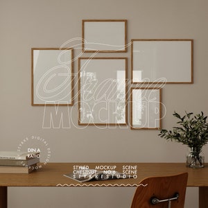 gallery wall with 5 frame mockup in minimalist interior, mockup for ISO DIN poster, modern interior mockup, wooden interior mockup frames