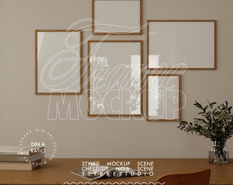 gallery wall with 5 frame mockup in minimalist interior, mockup for ISO DIN poster, modern interior mockup, wooden interior mockup frames