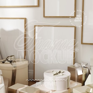 frame mockup DIN A, gift party gallery wall frame mockup wedding, gold beige gift box mockup birthday art digital picture frame mockup wall