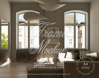 May include: A framed picture mockup in a living room setting with a sofa, a chair, and a window. The frame is on a table with a white surface. The picture is of a person in a colourful outfit. The text on the frame reads "Frame Mockup".