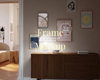 May include: A styled mockup scene with a wooden dresser, a white lamp, and a framed print with the text "Digital 2:3 Ratio Design". The wall is painted a light brown color and there are other framed prints on the wall.