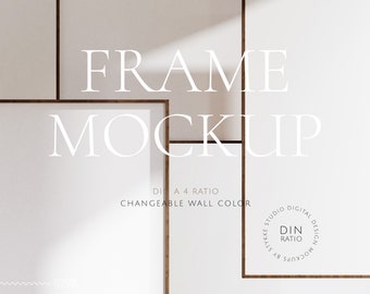 Three wooden frames mockup scene, DIN A4 frame mockup, set of three, digital wood frame, set of vertical frames, 3 frame mockup, thin frame