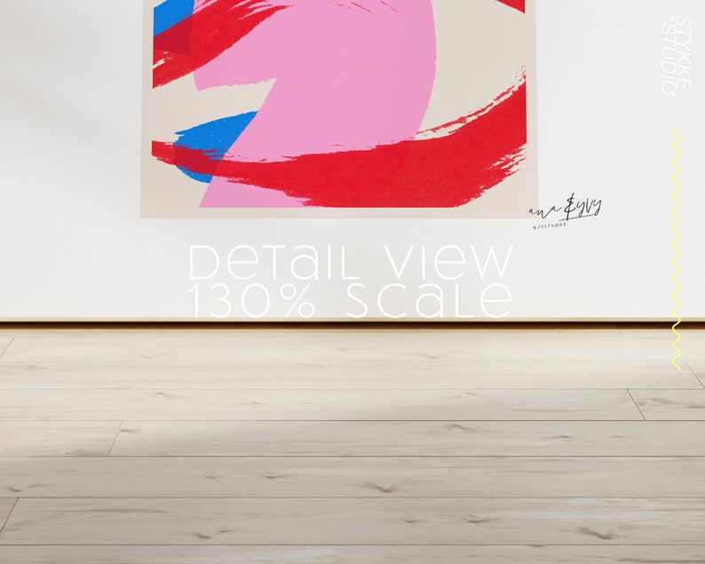 May include: Abstract art print with pink, red, and blue brushstrokes on a beige background. The print is titled "en & gy" and "studio" in the top right corner. The text "Detail view 130% scale" is at the bottom of the print.