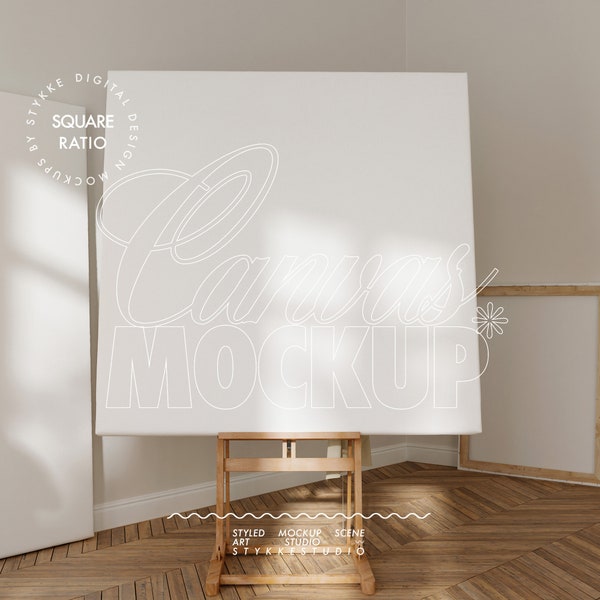 square canvas mockup tall, art studio mockup square painting mockup on wooden easel big frame square mockup, art school mockup easel canvas