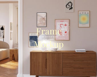 small frame gallery mockup, scandi interior scene template for prints decoration display mockup, wall of framed poster print shop mockup