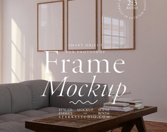 May include: A mockup of three wooden picture frames with a 2:3 ratio, hanging on a white wall above a gray couch and a wooden coffee table with books on top. The text "Frame Mockup" is written in white on a gray background. The text "STYLED MOCKUP SCENE EMMA'S ROOM STYKKESTUDIO.COM" is written in black on a white background.