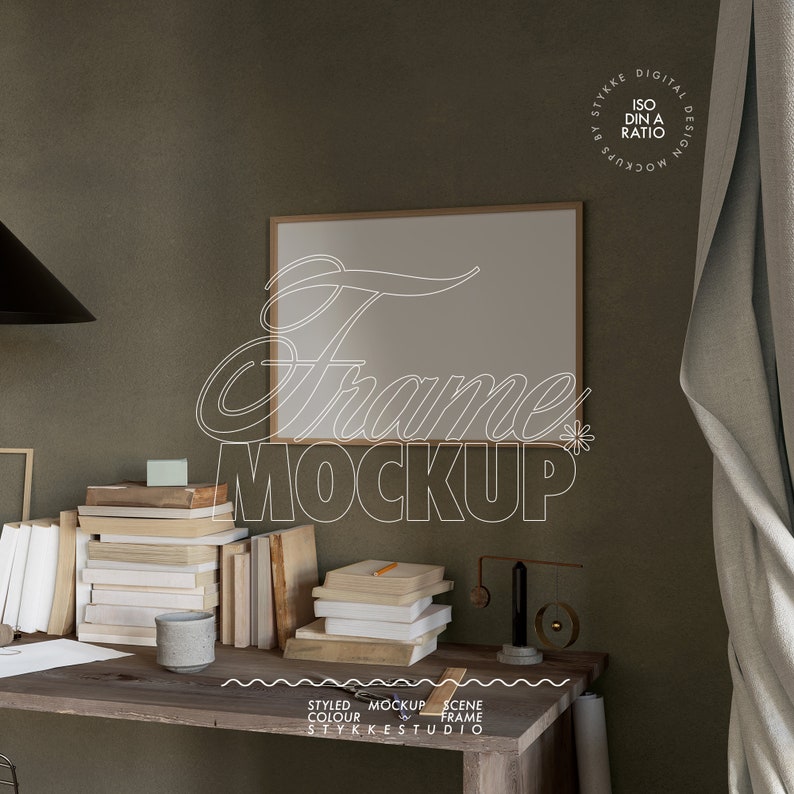 May include: A framed mockup with a white background, a wooden frame, and a stack of books on a wooden desk. The wall is a dark green colour and there is a white curtain in the background. The text "Frame Mockup" is written in white on the image.