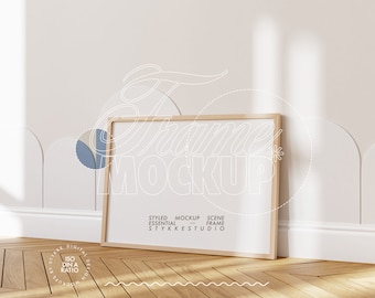 leaning frame mockup DIN, wallpaper mockup frame DIN A 4, horizontal digital poster frame, frame on wooden floor, nursery mockup kids room